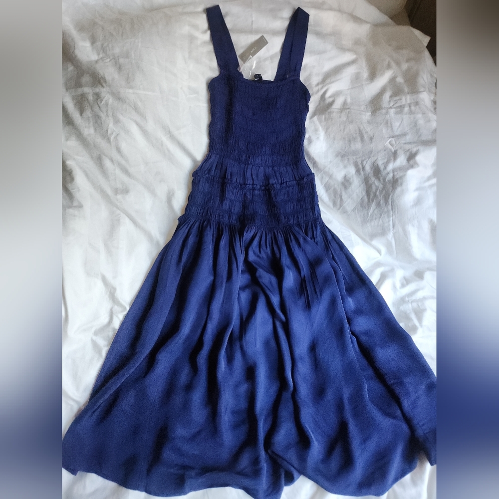 Jcrew Smocked midi dress in summer Navy Blue Bnwt - Picture 10 of 13